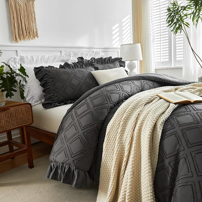Flysheep Tufted Grids Ruffle Comforter Set Twin Size, 3 Pieces Dark Grey Vintage Farmhouse Shabby Chic Comforters, Jacquard Boho Bohemian Bedding Set for Kids (1 Ruffled Comforter+ 2 Pillow Shams)