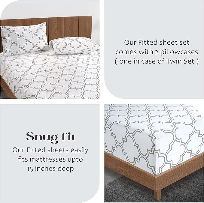 LANE LINEN Full Fitted Sheet, 100% Organic Cotton, 3-Piece Set (1 Fitted Sheet,2 Pillowcases), Percale Weave, Full Bed Bottom Sheet, Ultra Soft, Fits Mattress Upto 15" Deep - Trellis (No Flat Sheet)