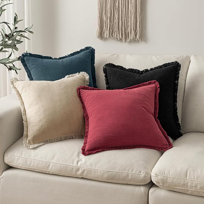 MIULEE Decorative Throw Pillow Covers Neutral Linen Fringe Throw Pillows Euro Shams Set of 2 Burgundy Boho Farmhouse Cushion Covers for Couch Sofa Bed Living Room Home Decor 24x24 Inch