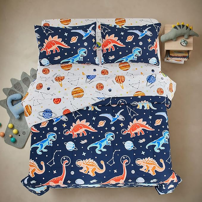 A Nice Night 5pc Glow in The Dark Kids Comforter Set,Dinosaur Galaxy Printed, Space Bedding Set Twin Size for Boys Girls Teen