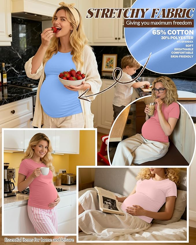 Huukeay 4 Pack Women's Maternity Shirts, Crew Neck Maternity Top Short Sleeve Casual Cotton Tee Side Ruched Pregnancy Clothes