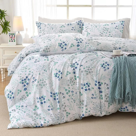 MUXHOMO Blue Flower Bed in a Bag King 7 Pieces, King Comforter Set Reversible Botanical Flowers Design, Ultra Soft & Breathable Bedding Sets with Comforter, Sheets, Pillowcases & Shams
