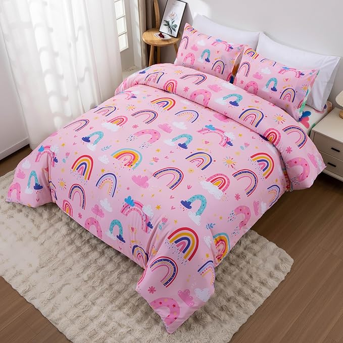 Btargot Lightweight Soft 3 Piece Rainbow Comforter Set with 2 Pillow Covers, Cartoon Love Hearts Suns and Stars Bedding Set for Girls Boys Kids, Queen Light Pink