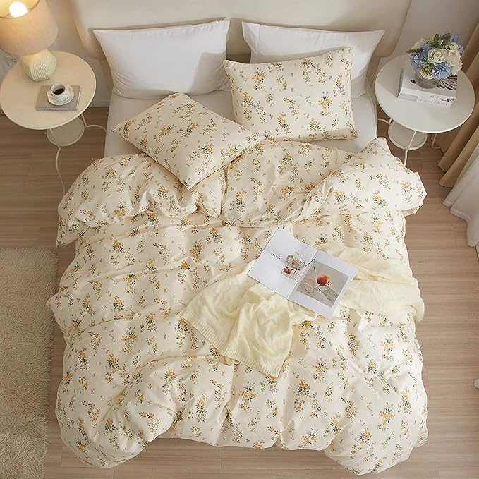 HighBuy 3 Pieces Duvet Covers King Size Yellow Floral Duvet Cover Set,Ultra Soft Cotton Bedding Set Botanical Printed Soft Aesthetic Bed Cover with Zipper Closure 4 Ties All Season