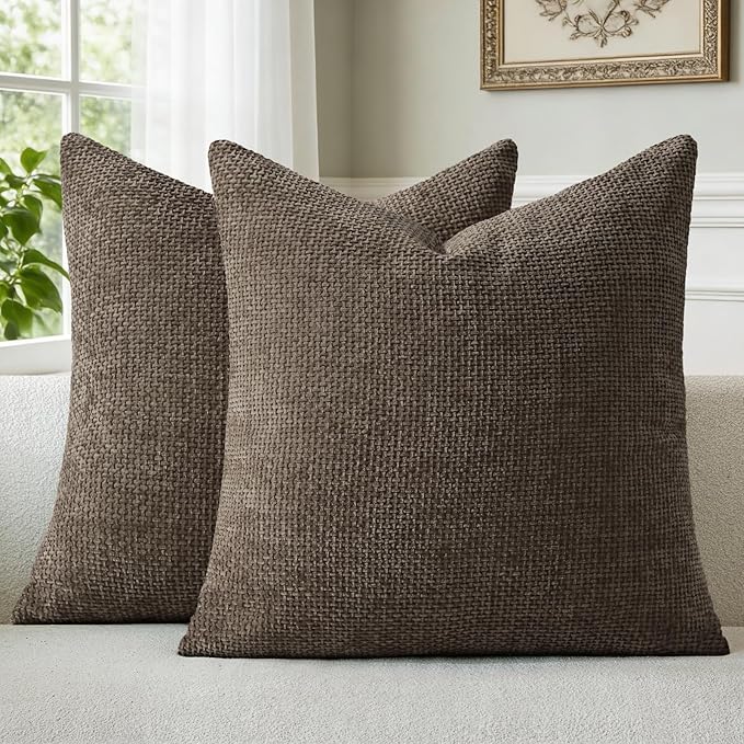a moment Dark Brown Chenille Throw Pillow Covers 20x20 Inch Pack of 2 Modern Decorative Throw Pillow Covers Farmhouse Cross Covers Home Decor for Sofa Bedroom Living Room