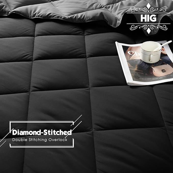HIG 3pc Black Queen Size Comforter Set-All Season Reversible Down Alternative Comforter with Two Shams -Quilted Duvet Insert with Corner Tabs - Diamond Stitched Blanket - Breathable, Soft, Fluffy