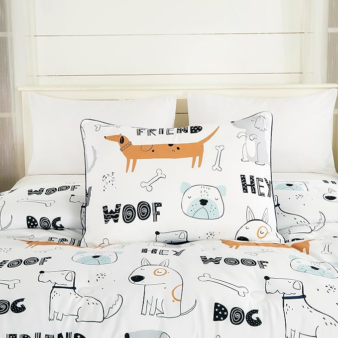 Chezmoi Collection 4-Piece Cartoon Dogs Kids Bedding Set Full/Queen Size - Black White Brown Gray Soft Microfiber Comforter Set w/Dog Throw Pillow for Kids Teens