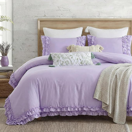 Bedrom Ruffled Duvet Cover King Light Purple Bedding Set Shabby Chic Lace Ruffle Bedroom Set Lilac Purple Aesthetic Boho Duvet Cover Set for Girls Women
