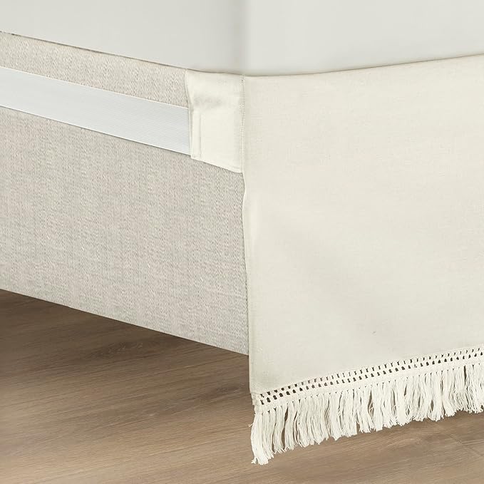 Lush Decor Boho Fringe 15-Inch Tailored Drop Easy Fit Bed Skirt Queen Size Single 60" W x 80" L +15" White - Queen Bed Skirt - Wrap Around Bed Skirt