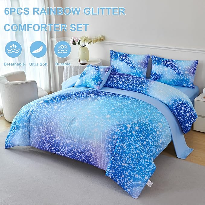 PERFEMET Blue Twin Comforter Set for Girls, 6 Pieces Twin Bed in A Bag, 3D Colorful Kids Bedding Comforter Set with Sheets, Tie Dye Ombre Fluffy Teen Girl Bed Set (Blue, Twin)