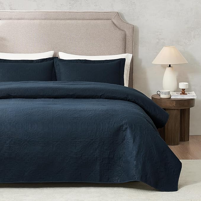 Hansleep Navy Quilt King Size - Baroque Ultrasonic All Season Bedspread King, Soft Lightweight Coverlet Bedding Set, 3 Pieces (1 Quilt, 2 Pillow Shams)