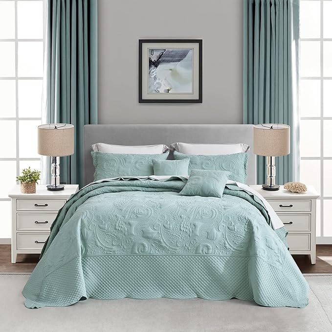 Oversized King Bedspread 128x120 Extra Wide, Paisley Pattern Design, Lightweight Bedding Cover, Reversible, 5 Piece, 100% Microfiber, Seaglass