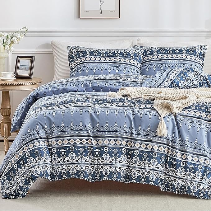 Lekesky Boho Duvet Cover Queen Size, Blue Comforter Cover Queen Size White Geometric Floral Printed Duvet Set, 3 Pieces Soft Microfiber Bedding Set with Zipper Ties (Queen, 90"x90")