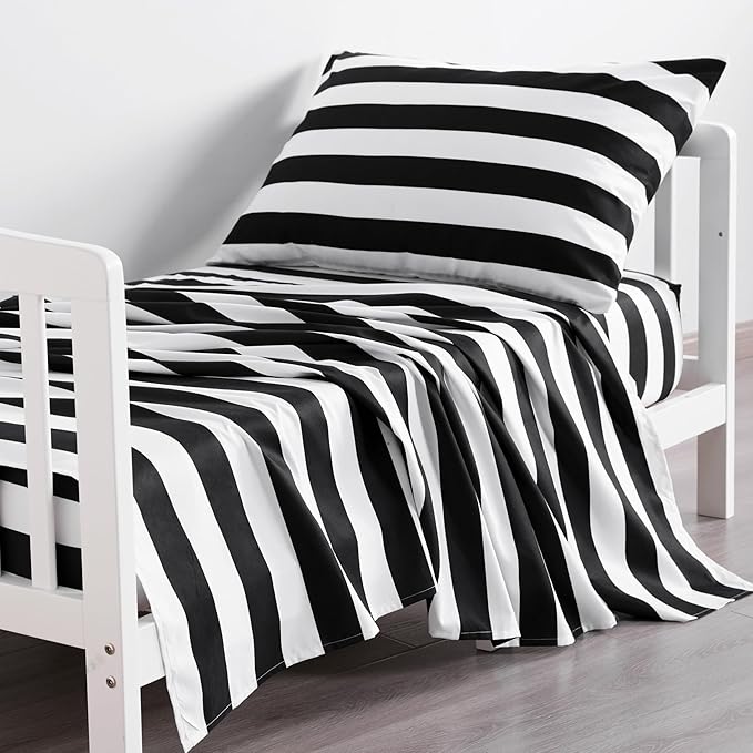 NTBAY Toddler Sheet Set - 3-Piece Microfiber Crib Sheet Set - Flat Sheet, Fitted Sheet, Pillowcase - Solid Toddler Bedding, Black and White Stripe