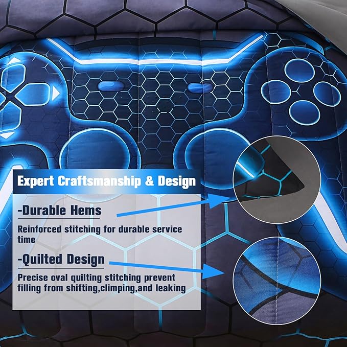 JQinHome Queen Gamer Comforter Set,6 Piece Bed in A Bag 3D Video Game Bedding -All Season Down Alternative Gamer Bedding Sets - (Blue Game Controller)