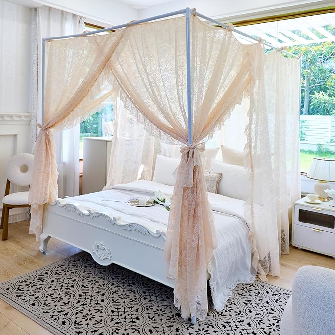 AIKASY Elegant Lace Princess 4-Poster Bed Canopy Mosquito Net - Romantic Wedding Bridal Bedroom Decor, Kids Room Bed Curtain for Women Adults - (Cream-1,Full)