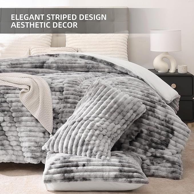 Smoofy Fluffy Twin Comforter Sets 2 Pieces - Tie-dye Grey Fleece Fluffy Comforter Set, Luxury Fuzzy Twin Bedding Set, Soft Warm Comforter All Season, Heavy Faux Fur Comforter with Pillow Cases