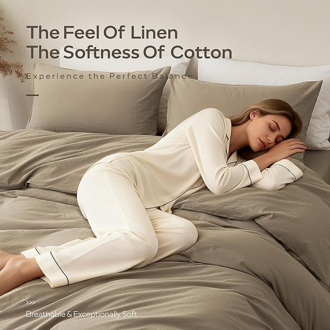 JELLYMONI Duvet Cover Queen Size - Washed Cotton Comforter Cover with Linen-Like Texture,Breathable & Soft Bedding for Modern Home,Guest Room and Everyday Use,Dusty Khaki 1 Duvet Cover & 2 Pillowcases