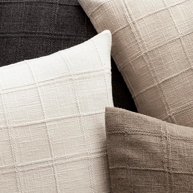 Foindtower Set of 2 Decorative Linen Check Throw Pillow Covers Neutral Farmhouse Vintage Cushion Covers Modern Boho Home Decor for Sofa Chair Couch Bedroom Living Room,20×20 Inch,Charcoal