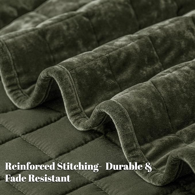 PHF Luxurious Velvet Quilt Set Queen Size – 3PCS Super Soft Quilted Comforter Alternative with Square-Box Quilt Pattern, Warm Quilted Bedspread Coverlet, 90" x 92", Smokey Olive