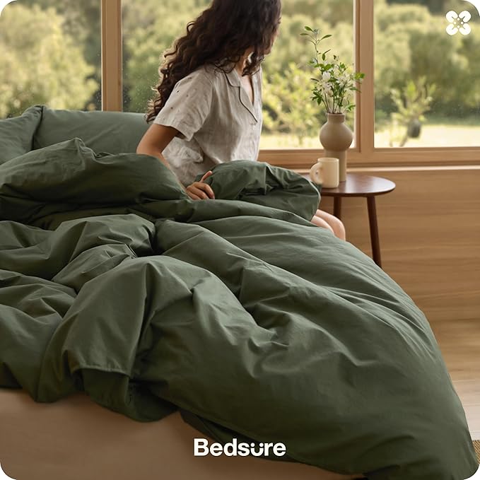 Bedsure Cotton Duvet Cover Oversized King - Luxury Slub Weave 100% Cotton Duvet Cover with a Linen Like Textured, Easy Change Durable Bedding, Olive Green, 120" x 98"