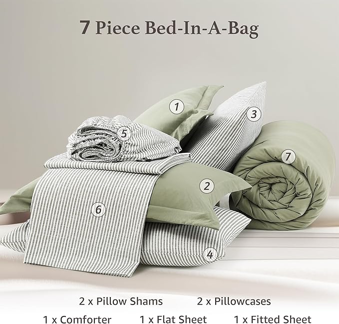 Monbix Full Size Comforter Set - 7 Pieces Green Prewashed Bed in a Bag Full Bedding Sets with Comforters, All Seasons Ultra Soft Comforter Bed Set with Sheets,Pillowcases & Shams