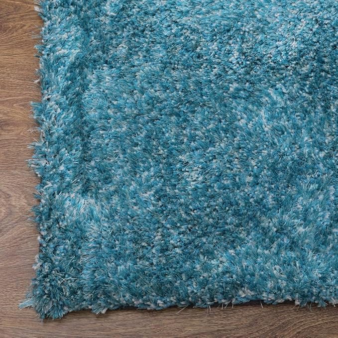 Hand Tufted SHAG Polyester ECO-Friendly Area Rugs - 4'x6', Rectangle, Turquoise White, Solid Plain Design, High Pile Thick Handmade Anti Skid Rugs for Living Room K00111