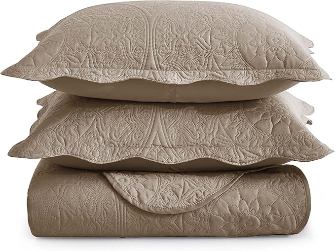 IR Imperial Rooms Queen Quilt Bedding Set Size (90" x 96") + 2 Pillow Shams (20" x 26"+ 2") - 3 Pcs All Season Lightweight Reversible Microfiber Coverlet Floral Embossed Quilt Bedspread (Beige)
