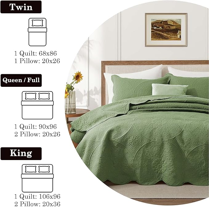 MOONLIGHT20015 Twin Quilt Bedding Set Size (66" x 86 ") + 1 Pillow Sham (20" x 26" + 2") - 2 Pcs All Season Lightweight Reversible Microfiber Coverlet Floral Embossed Bedspread (Olive Green)