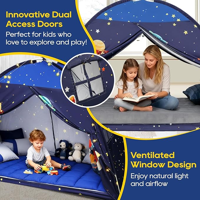 Redants Full Bed Tent Canopy, Space Indoor Blackout Privacy Toddler Bed Tent for Kids with Light, Portable Sleeping Floor Kids Playhouse (Blue, Full Size)