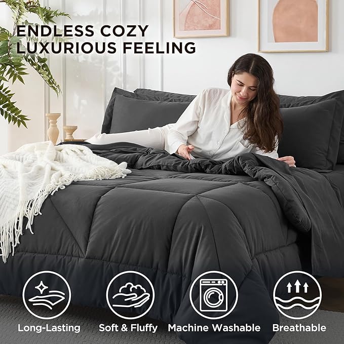 7 Pieces King Comforter Set - Utral Soft Microfiber Bedding Set, Thick Duvet Insert Bed in a Bag Without Rustling Noise for All Season, Dark Grey (102"x90")