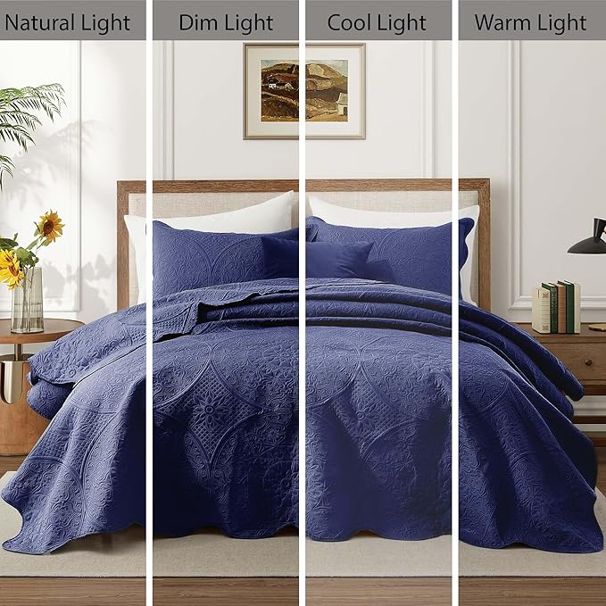 MOONLIGHT20015 Queen Quilt Bedding Set Size (90" x 96") + 2 Pillow Shams (20" x 26"+ 2") - 3 Pcs All Season Lightweight Reversible Embossed Quilt Microfiber Coverlet Floral Bedspread (Navy)