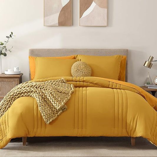 Monbix Queen Comforter Set - 7 Pieces Bright Yellow Bed in a Bag Queen Bedding Sets with Comforters, All Seasons Comforter Bed Set with Sheets,Pillowcases & Shams