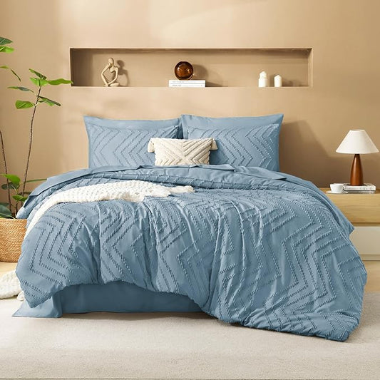 Litanika Super King Plus Size Comforter Set with Sheets Grayish Blue - 7 Pieces Bed in a Bag Oversized King Boho Tufted Complete Bedding Sets with Comforter, Sheets, Pillowcases & Shams