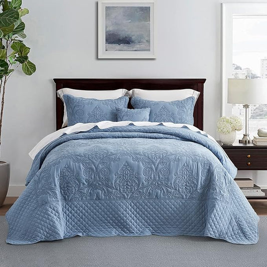CHIXIN Oversized King Bedspread 128x120 Extra Wide - Lightweight Bedding Cover - Beautiful Stitching - 5 Piece Reversible Bedspread - Luxury Damask Paisley Pattern (King/Cal King, Ashley Blue)