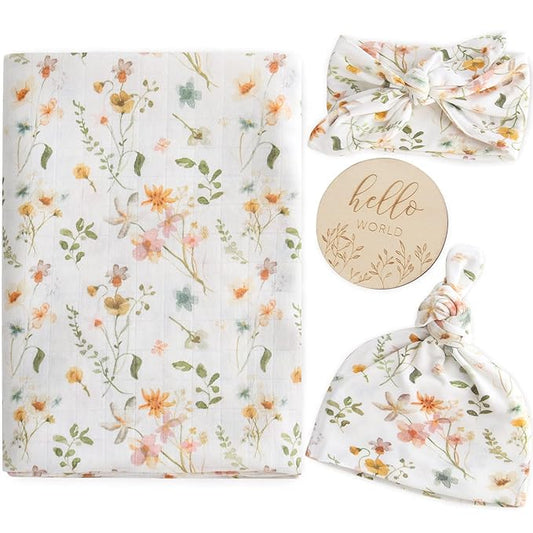 LifeTree Newborn Swaddle Set with Matching Hat and Bow Set, Wooden Birth Announcement Card, Floral Baby Girl Newborn Receiving Blankets Baby Swaddle Nursery Wildflower