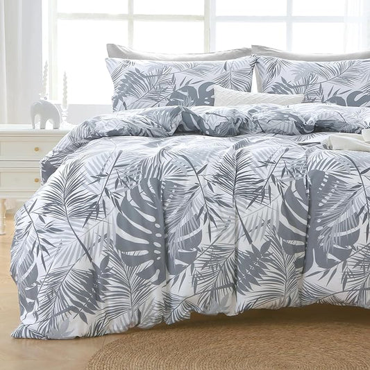 MUXHOMO Black&Grey Full Comforter Set, Elegant Floral Print Bed in a Bag 7 Pieces, Ultra Soft & Breathable Reversible Botanical Pattern Bedding Set with Comforter, Sheets, Pillowcases, and Shams