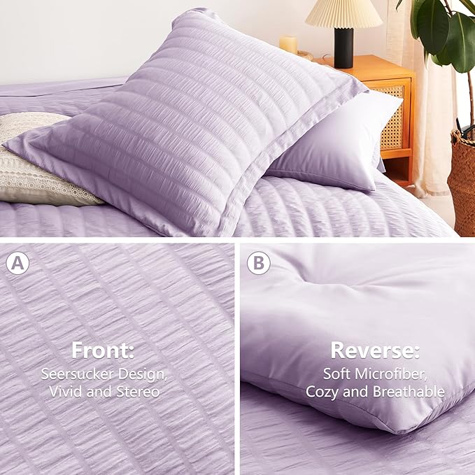 CozyLux King Seersucker Comforter Set Light Purple Bed in a Bag 7-Pieces All Season Lavender Bedding With Comforter, Pillow Sham, Flat Sheet, Fitted Sheet, Pillowcase