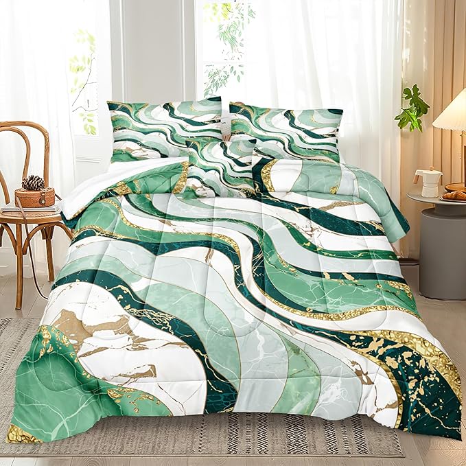 Bedbay Green Gold King Comforter Set 4 Pcs Abstract Marble Bedding Set for Boys Teen Adults Soft Cozy Lightweight Fluid Marble Bedding for All Seasons 1 Comforter 2 Pillowcases 1 Cushion Cover