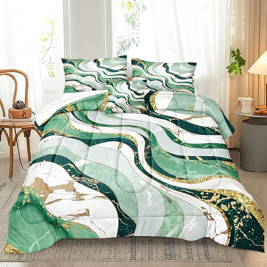 Bedbay Green Gold Queen Comforter Set 4 Pcs Abstract Marble Bedding Set for Boys Teen Adults Soft Cozy Lightweight Fluid Marble Bedding for All Seasons 1 Comforter 2 Pillowcases 1 Cushion Cover