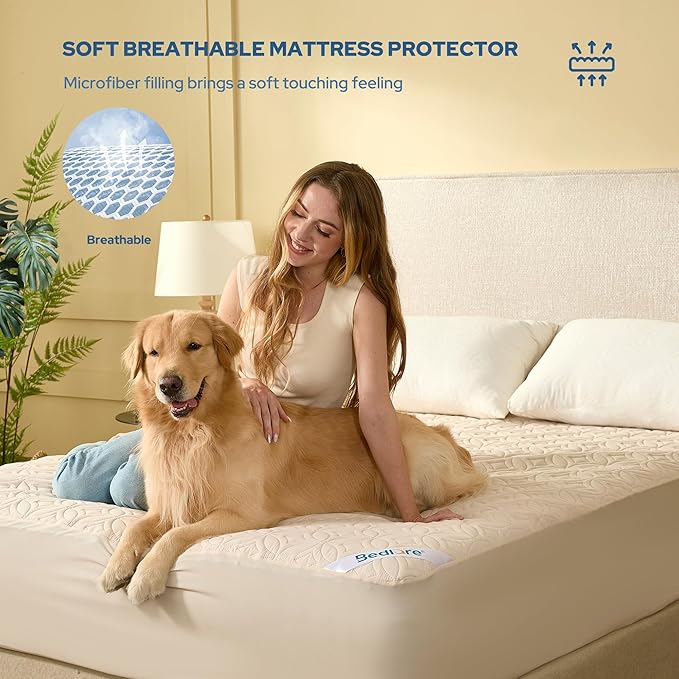 BEDLORE Waterproof Mattress Protector, Twin Size Mattress Pad with Deep Pocket 6"-15" Depth, Soft Breathable Single Bed Mattress Cover for Bedroom, Dorm Room (Beige)