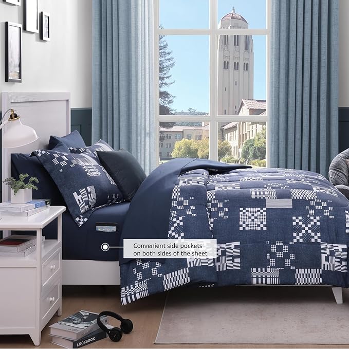 Queen Comforter Set Navy Blue, Plaid Bedding Set 7 Pieces for Boys Girls Teen, Classic Homestead-Style Comforter Set Bed in A Bag with Sheets, Pillowcases & Shams