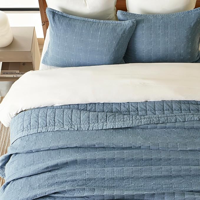 EVERGRACEHOME Stonewashed Cotton Quilt Set King Size, Ultra Soft Oversized Bedspread Coverlet Set, Lightweight Crinkle Box Stitch Bedding Sets for All Season, with 2 Shams, Sonoma Blue