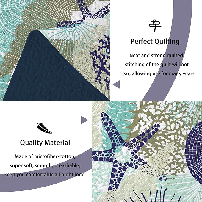 Tritard 3 Piece Coastal Quilt Sets King Size - Reversible Microfiber Quilts with 2 Shams Soft Lightweight Beach Bedding Nautical Bedspread Coverlet Summer Comforter Set for All Season, 106''x96'', C6