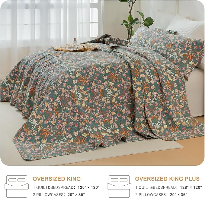 QSH 3Pcs Oversized King Quilt Bedspread Set(120"x120")-100% Cotton Floral Quilt California King Size Luxury Paisley Flower Botanical Printed Bedspread Coverlet Set Lightweight Soft for All Season