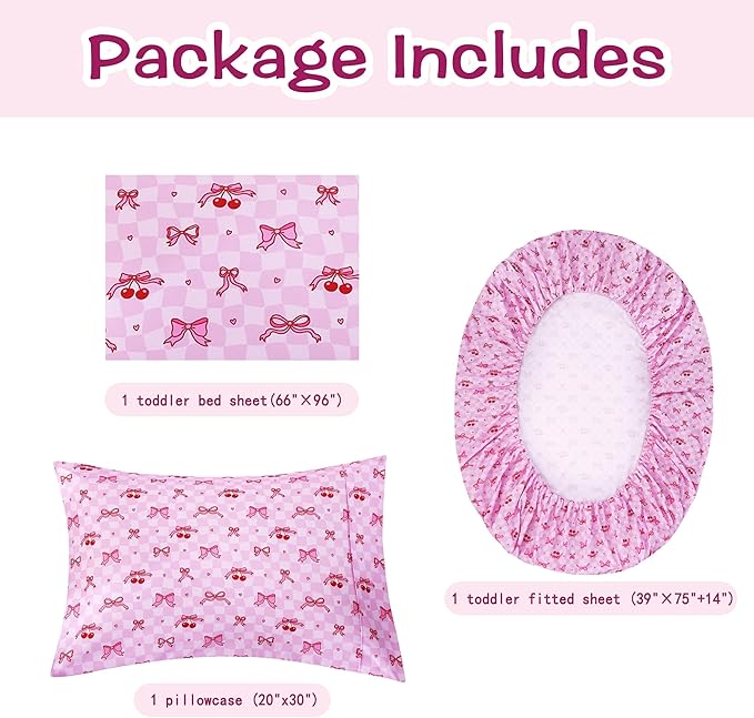 Kids Sheet Set Twin Size, Twin Sheet Set with Pink Cherry Pattern，Breathable Silky Soft Microfiber Kids Fitted Sheet