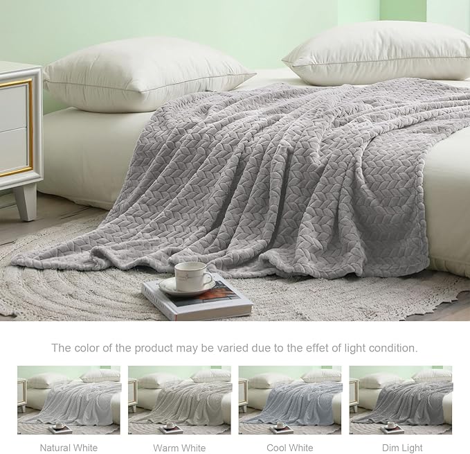 Exclusivo Mezcla Fleece King Size Blanket for Bed, 90x104 Inches Soft Cozy Jacquard Flannel Blankets, Lightweight Fuzzy Plush Warm for Women, Light Grey