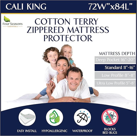 Zippered Waterproof Mattress Encasements - Hypoallergenic Mattress Protector Cover with Soft Cotton Terry Fabric Top - California King Size 72' x 84"