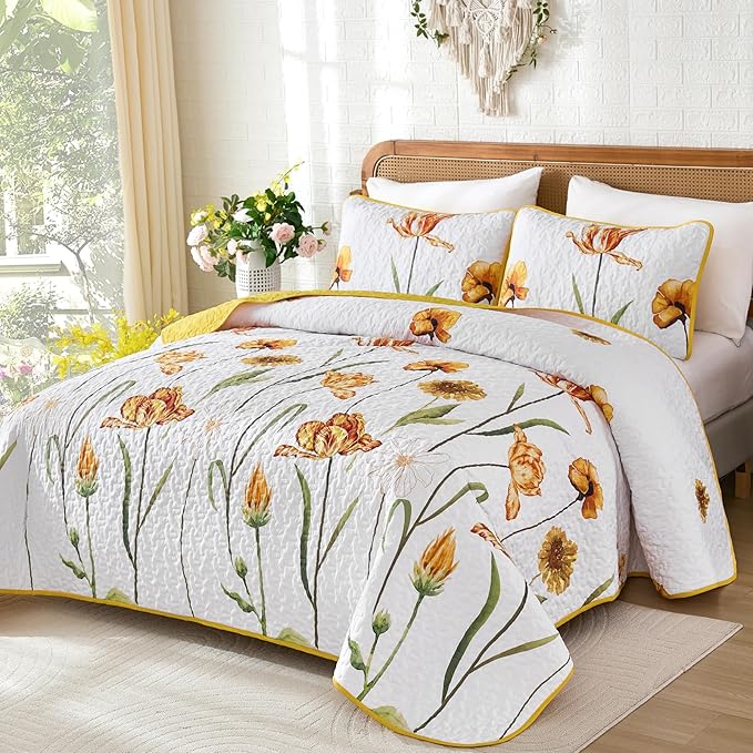 WONGS BEDDING Yellow Quilt Set King Size, Colorful Floral Quilt Set with 2 Pillowcase, Lightweight Spring Summer Farmhouse Coverlet Set for All Season (104"x90")