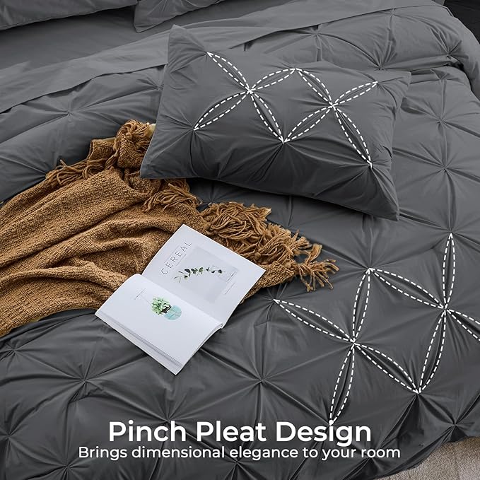 Sasttie King Size Comforter Set, 7-Piece Bed in a Bag, Pintuck Bedding Sets for All Season, Includes Comforter, Flat Sheet, Fitted Sheet, Pillowcases and Pillowshams, Dark Grey
